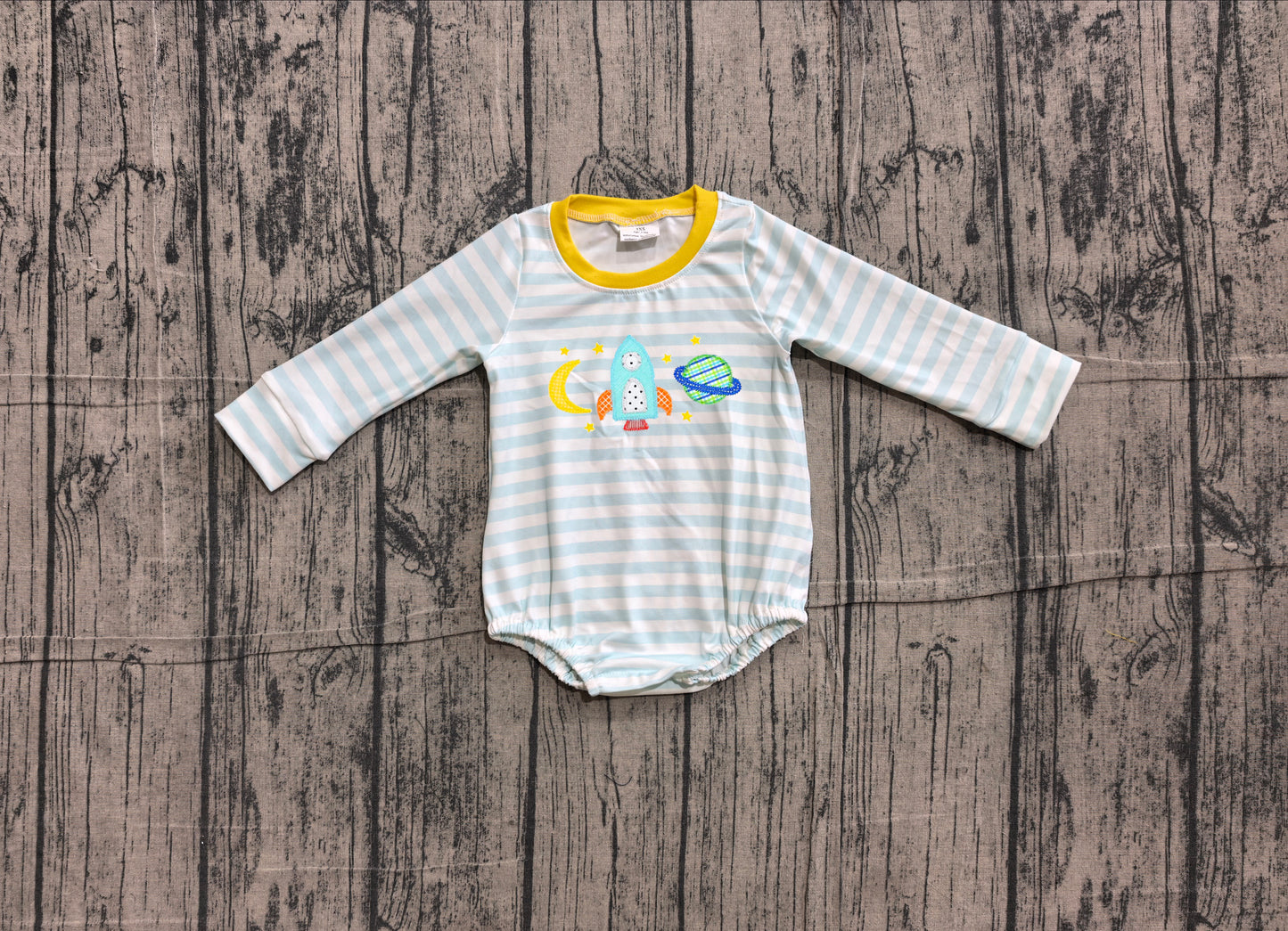 Pre order blue long sleeve outer space rocketship stars embroidery romper