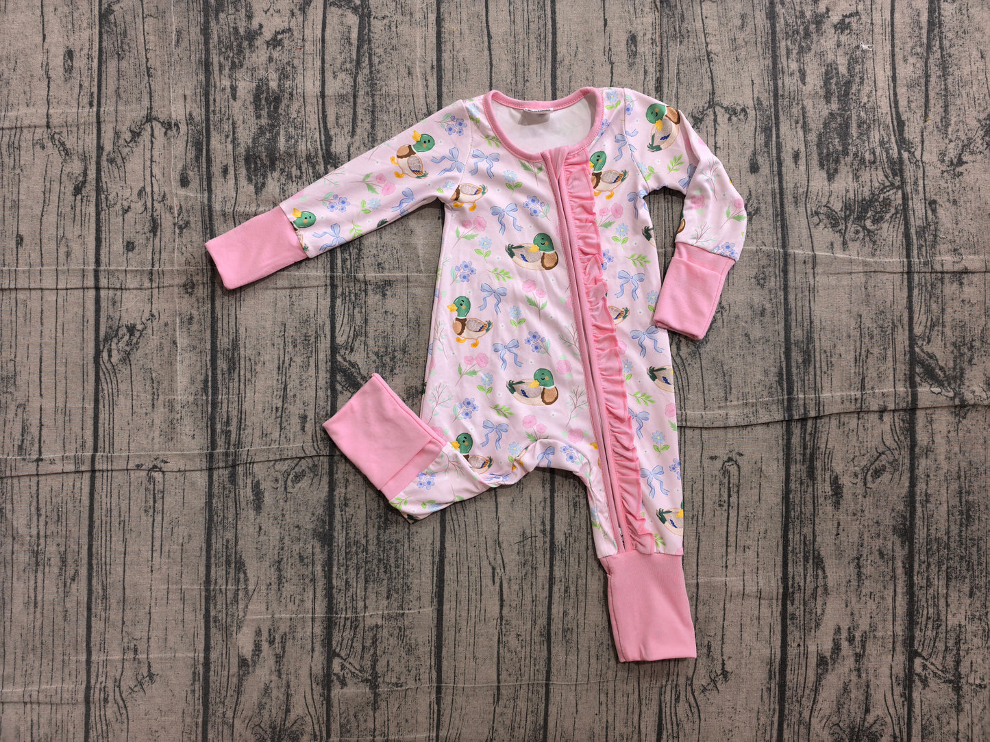 Pre order baby girl long sleeve pink duck print zippy PJ