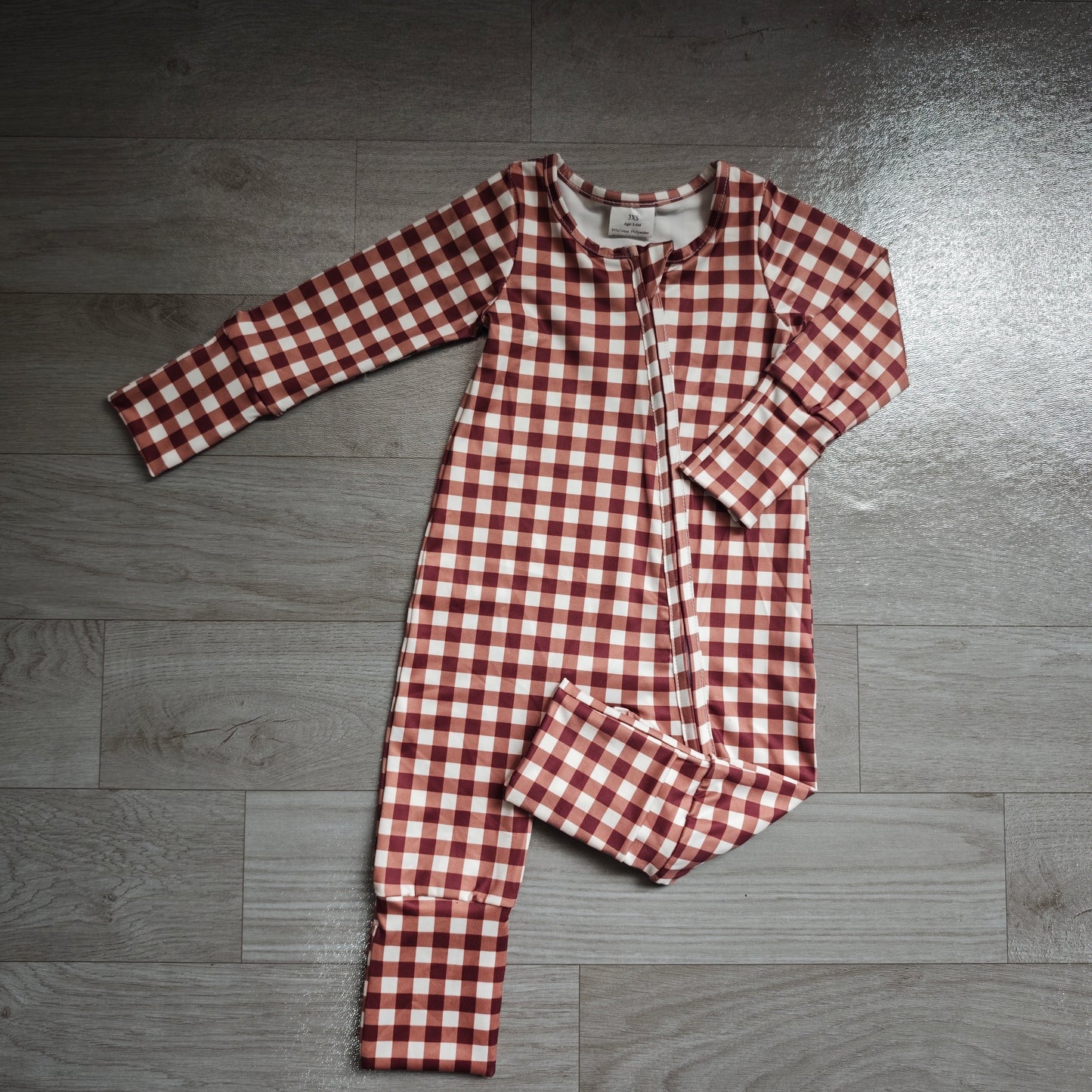 Pre order chocolate gingham zip romper