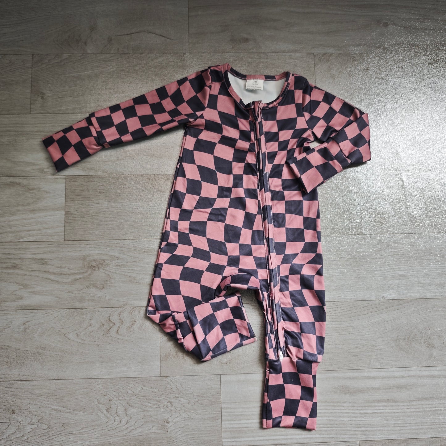 Pre order chocolate wavy checkered zip romper