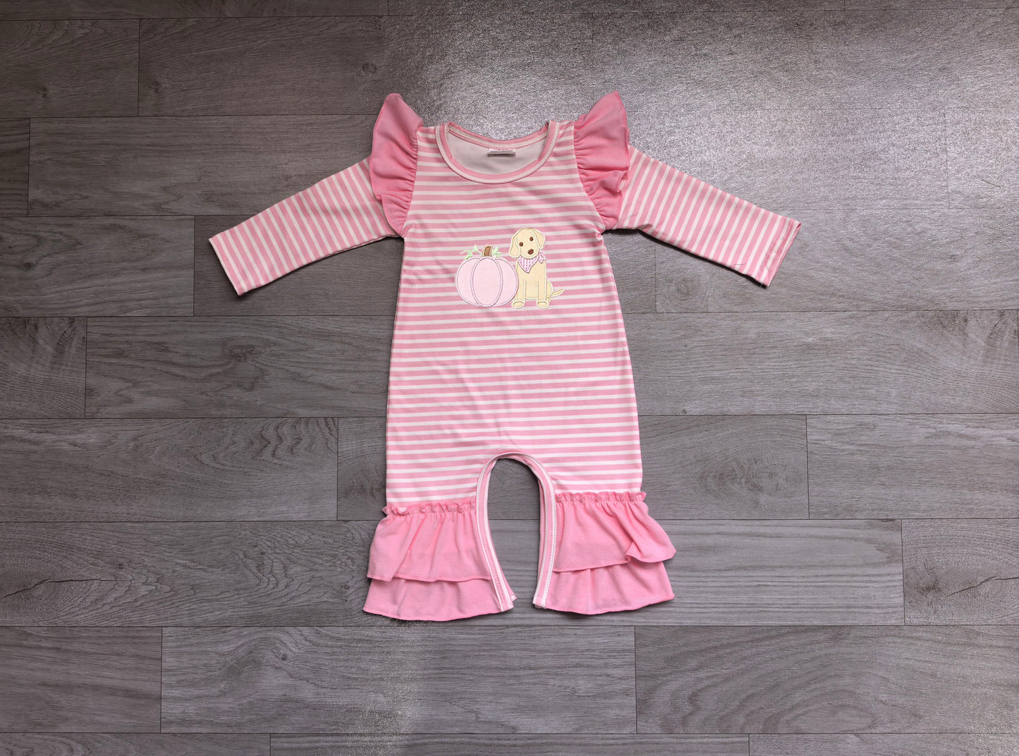 Pre order pink striped ruffle dog pumpkin embroidery girl romper