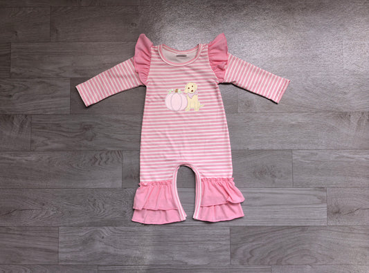 Pre order pink striped ruffle dog pumpkin embroidery girl romper