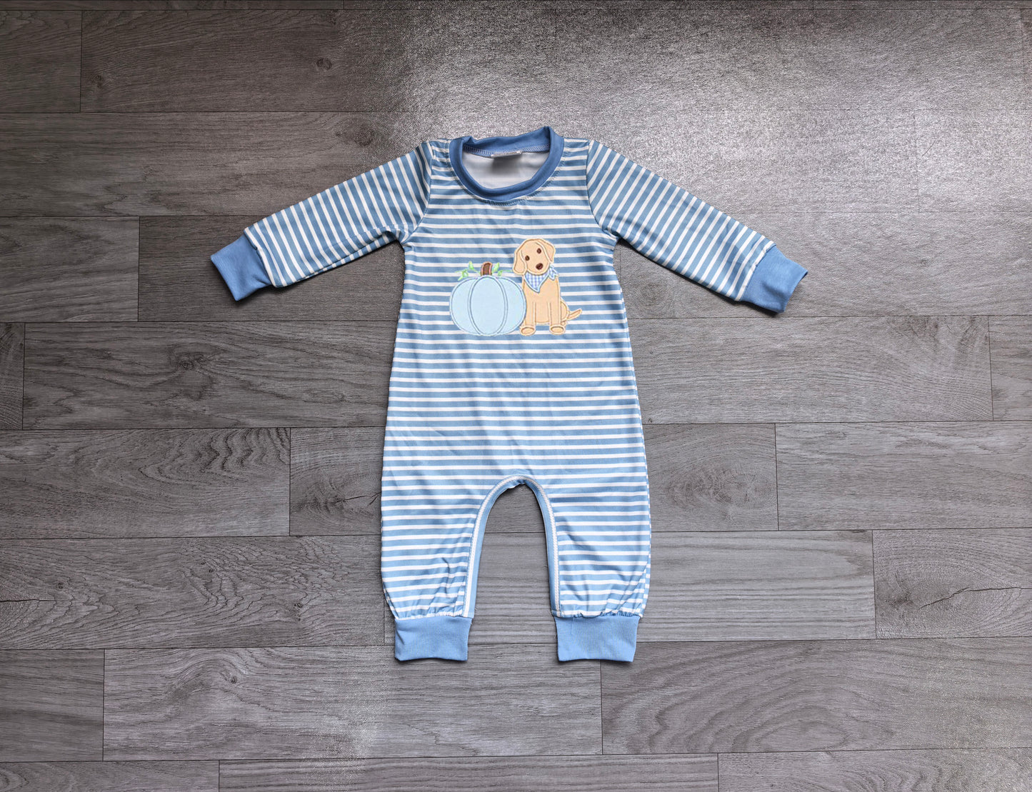 Pre order blue striped ruffle dog pumpkin embroidery boy romper