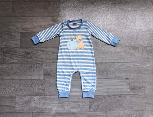 Pre order blue striped ruffle dog pumpkin embroidery boy romper