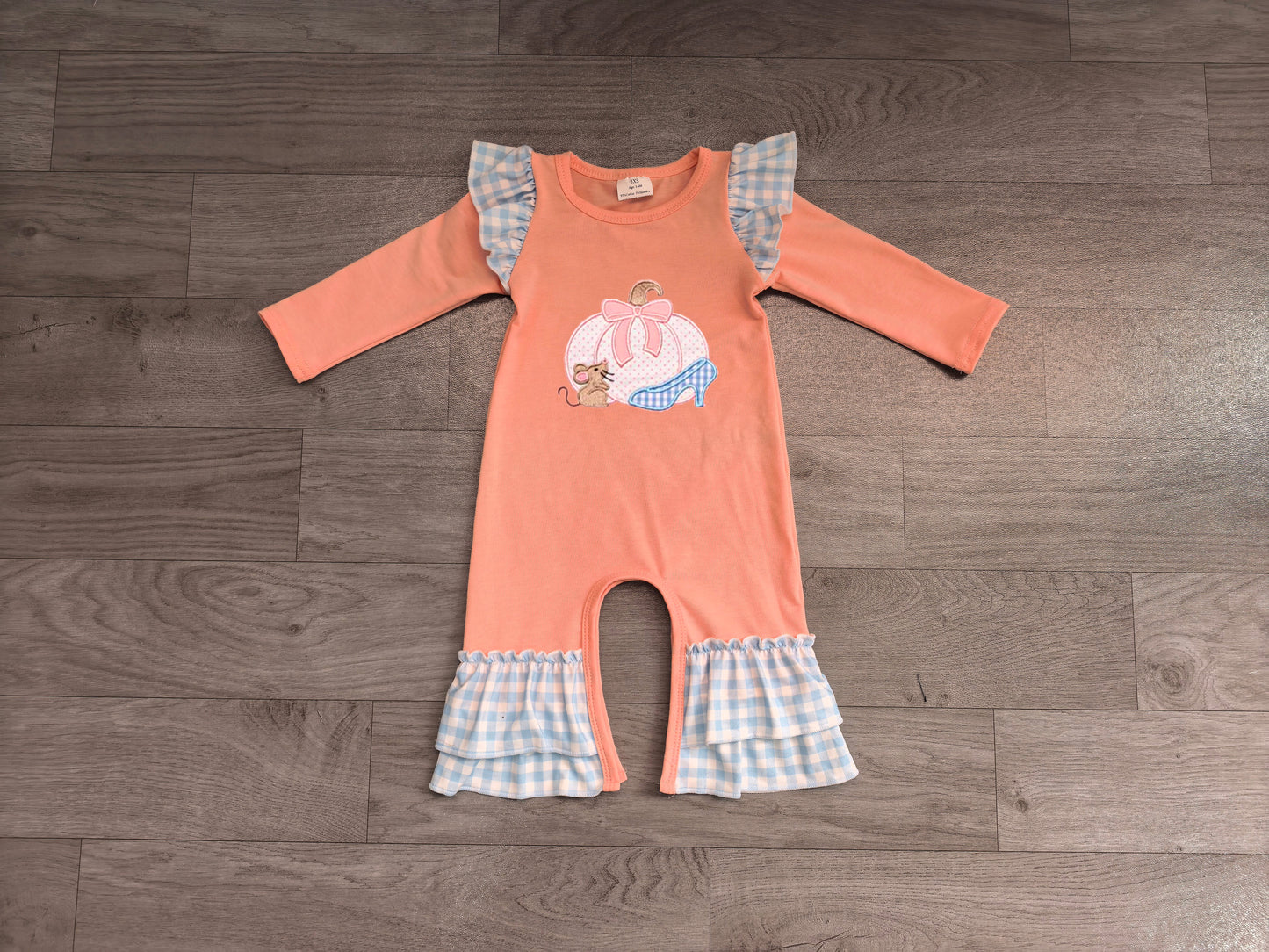 Pre order blue gingham princess pumpkin embroidery romper