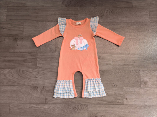 Pre order blue gingham princess pumpkin embroidery romper