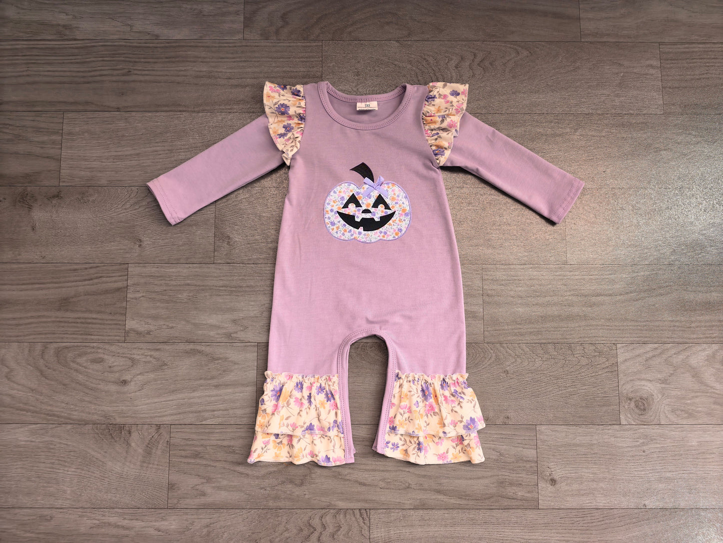 Pre order embroidery purple floral halloween pumpkin girl romper