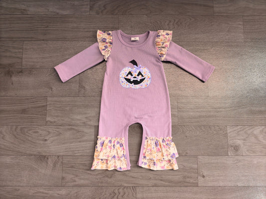 Pre order embroidery purple floral halloween pumpkin girl romper
