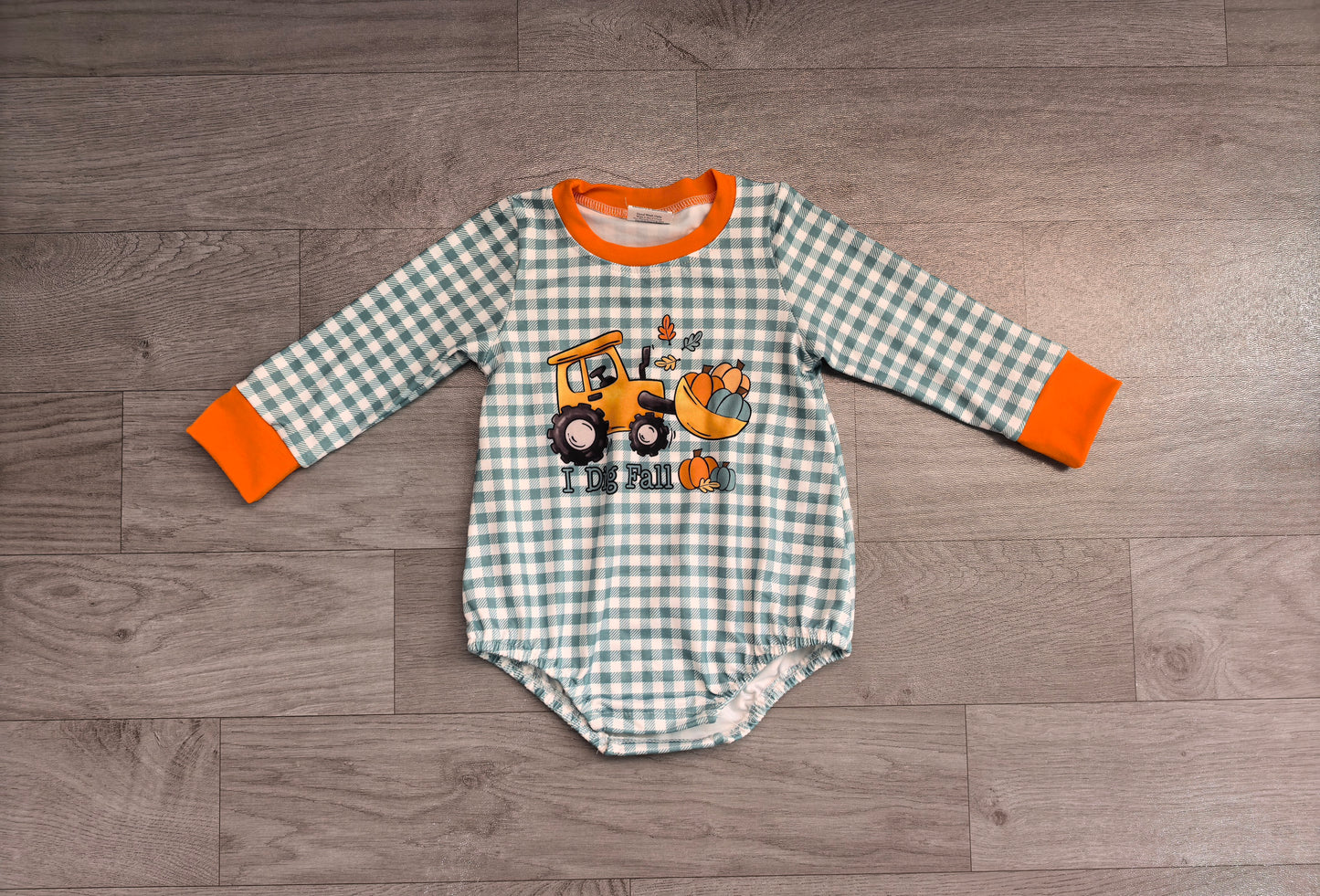 Pre order  i dig fall tractor print boy romper