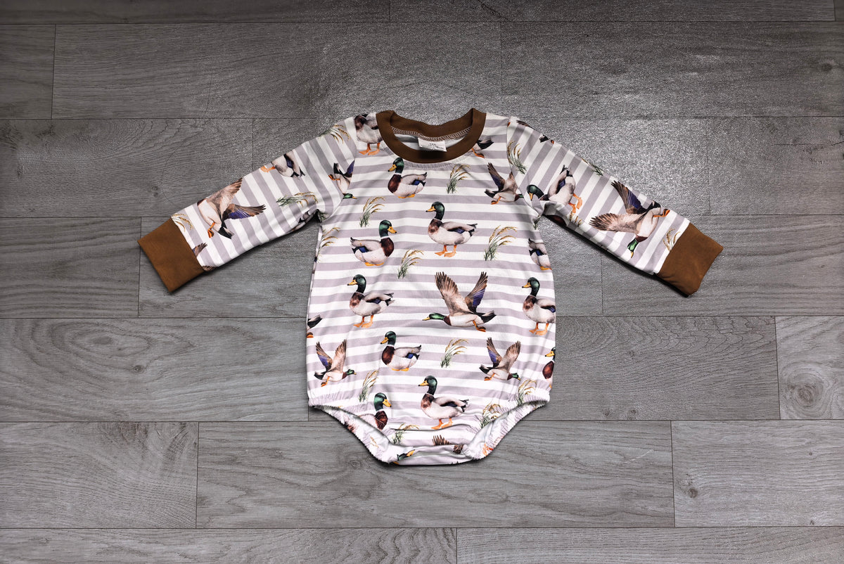 Pre order stripe with mallard mock up romper
