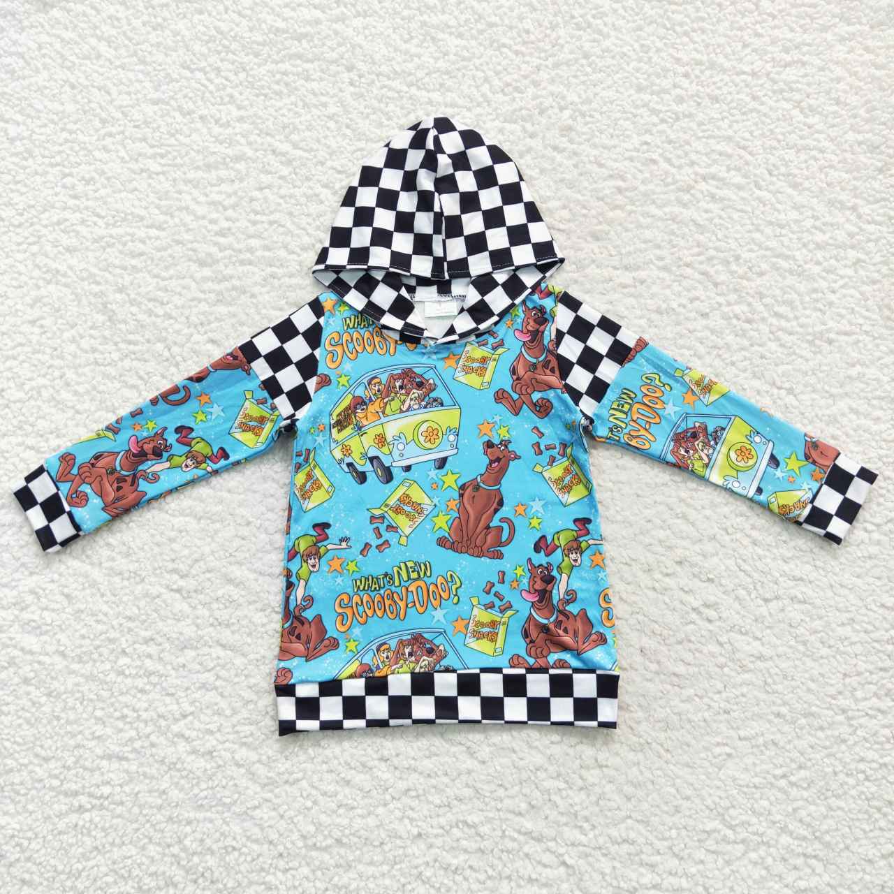 BT0300 scooby-doo cartoon dog black and white grid hooded blue long-sleeved top