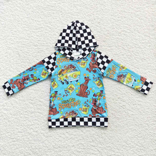 BT0300 scooby-doo cartoon dog black and white grid hooded blue long-sleeved top