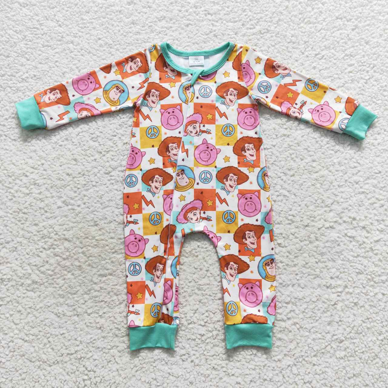 LR0558 Cartoon Toy Story Plaid Zip Long Sleeve Jumpsuit