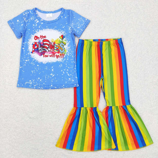 GSPO0924 Girls places letter blue short sleeve colorful striped trousers suit
