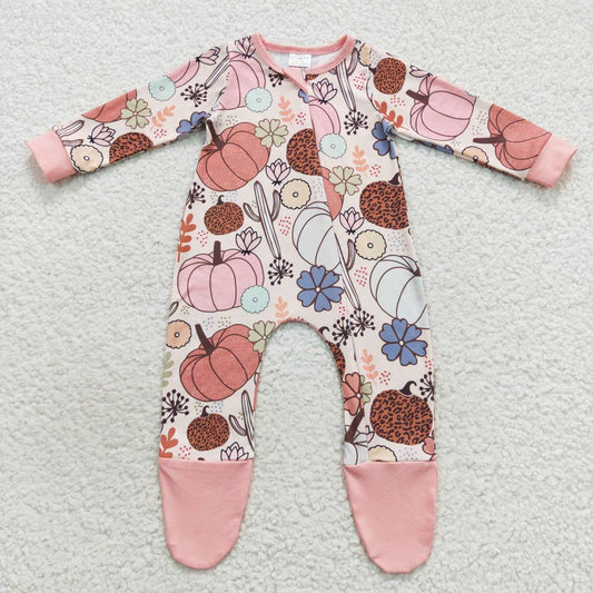 LR0553 Pumpkin Cactus Blossom Beige Zip Long Sleeve Bodysuit