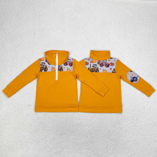 BT0695 Pumpkin Truck Tractor Orange Grey Zip-Up Long Sleeve Top