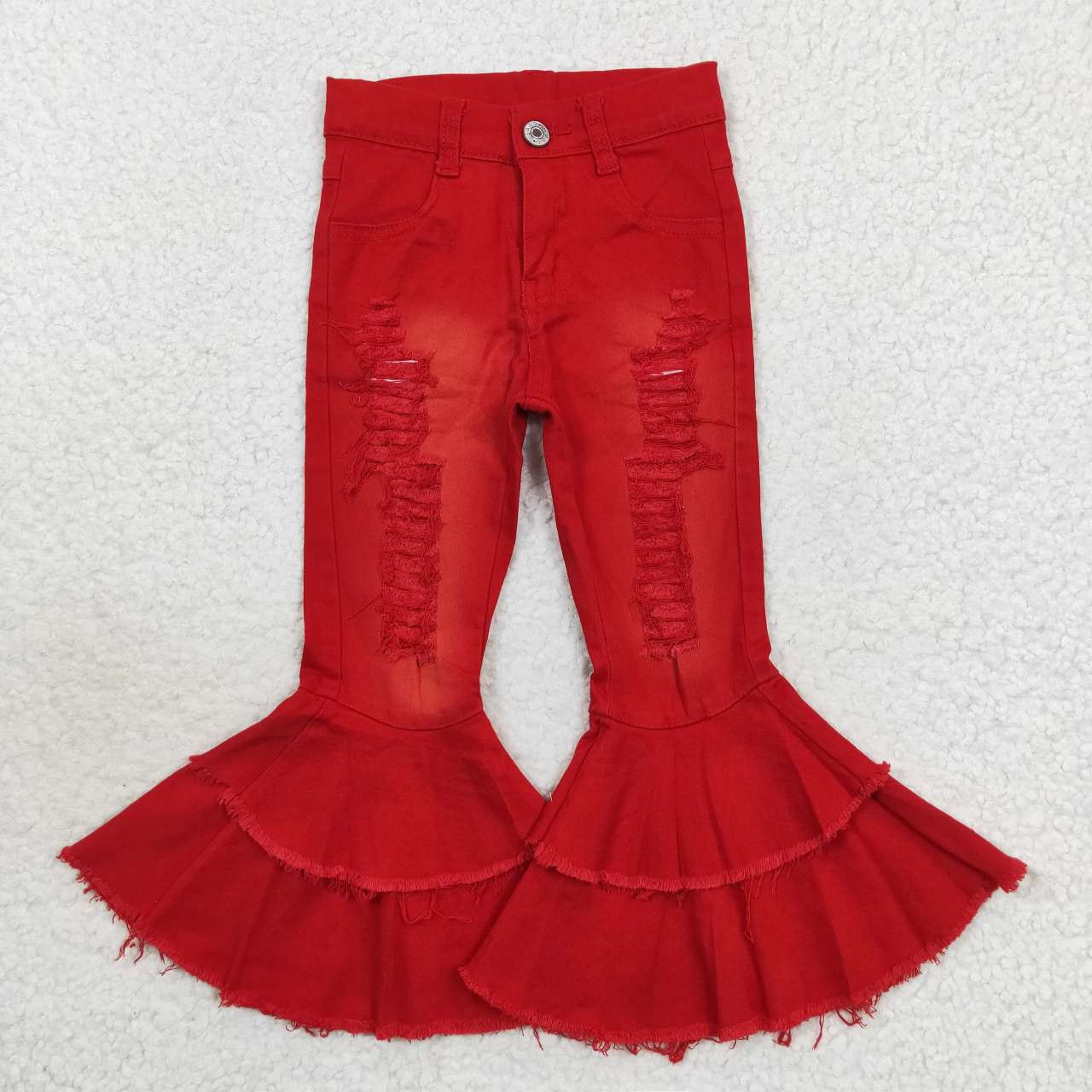 P0270 Distressed red double-flare denim trousers