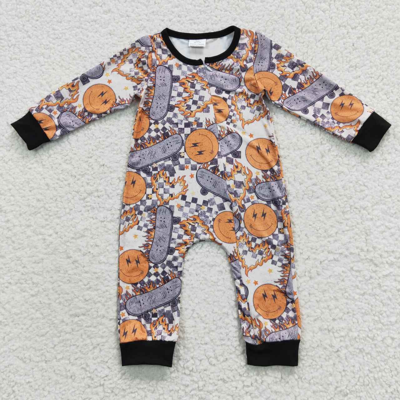 LR0305 Happy  Skateboard Plaid Zipper Long Sleeve Bodysuit