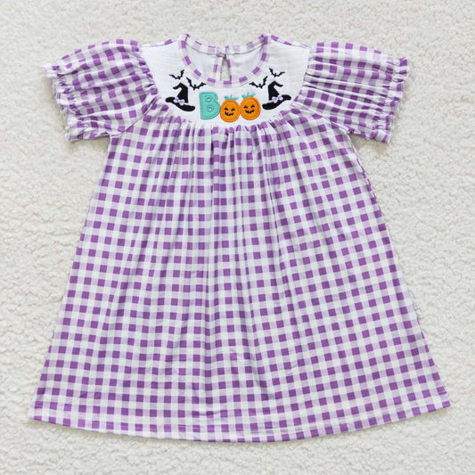 GSD0468 Embroidered witch hat purple plaid smocked short sleeve dress