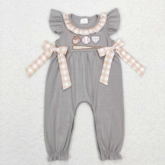 SR0613 Embroidered baseball gloves brown and white plaid bow lace gray short-sleeved jumpsuit