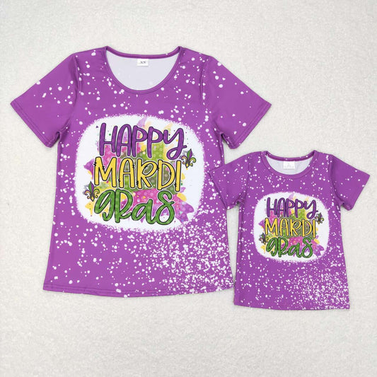 GT0377 Adult happy mardi gras letter purple short sleeve top