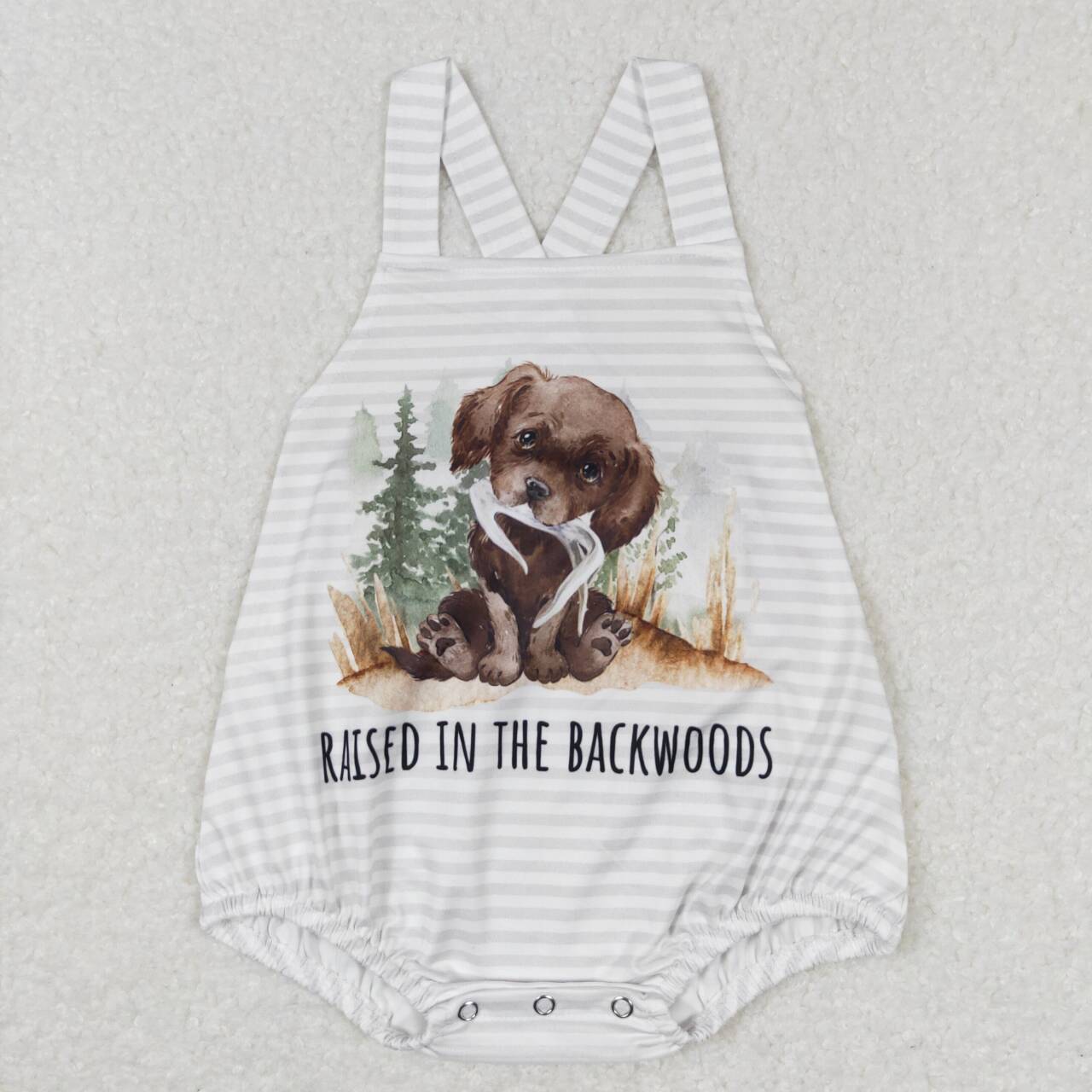 SR0659 raised in the backwoods puppy striped tank top onesie