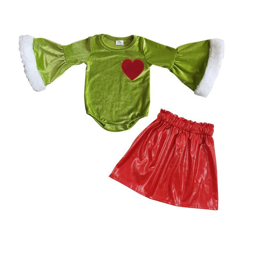 Heart embroidery green face romper 6 A4-4 skirt girls Christmas outfits