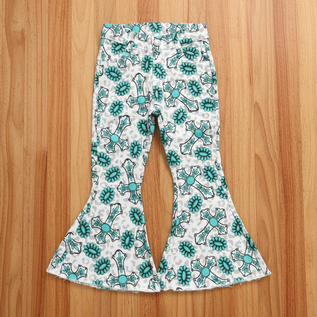 jesus, turquoise easter cross denim pants, girls jeans,bell bottom