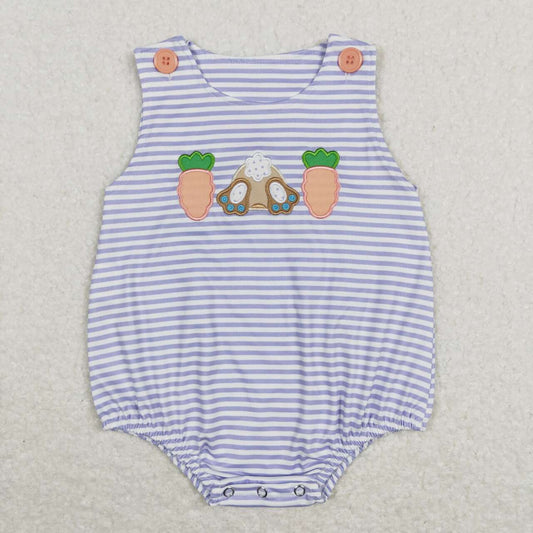 SR0534 Embroidered Orange Carrot Rabbit Blue and White Striped Sleeveless Jumpsuit