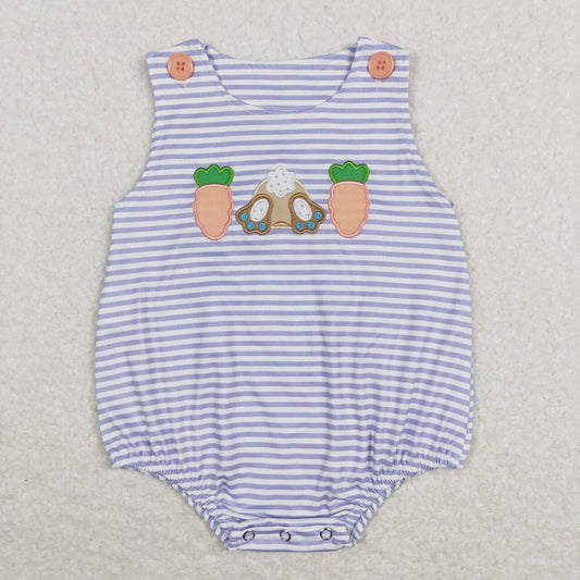 SR0534 Embroidered Orange Carrot Rabbit Blue and White Striped Sleeveless Jumpsuit