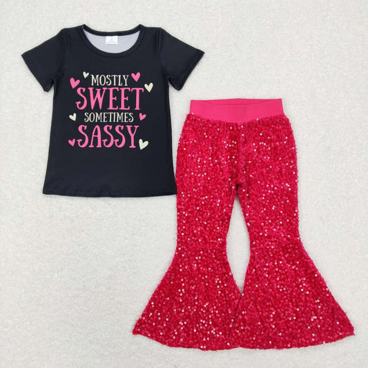 GT0422 mostly sweet sassy letter love black short-sleeved top +P0112 Rose sequined trousers