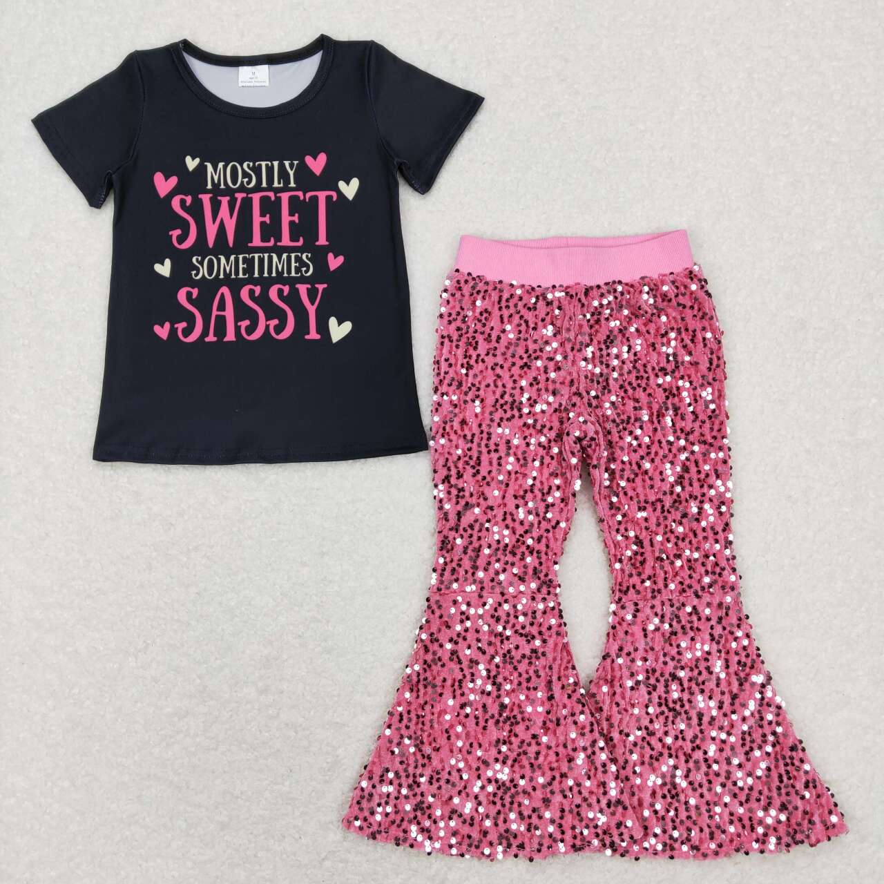 GT0422 mostly sweet sassy letter love black short-sleeved top +D5-27 Rose sequin flared pants