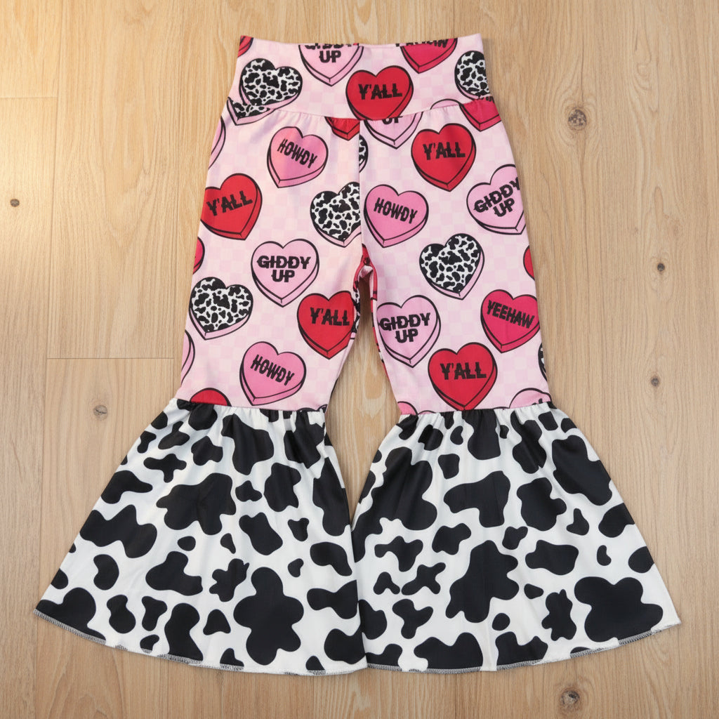 girl valentine candy cow print bell flare pants
