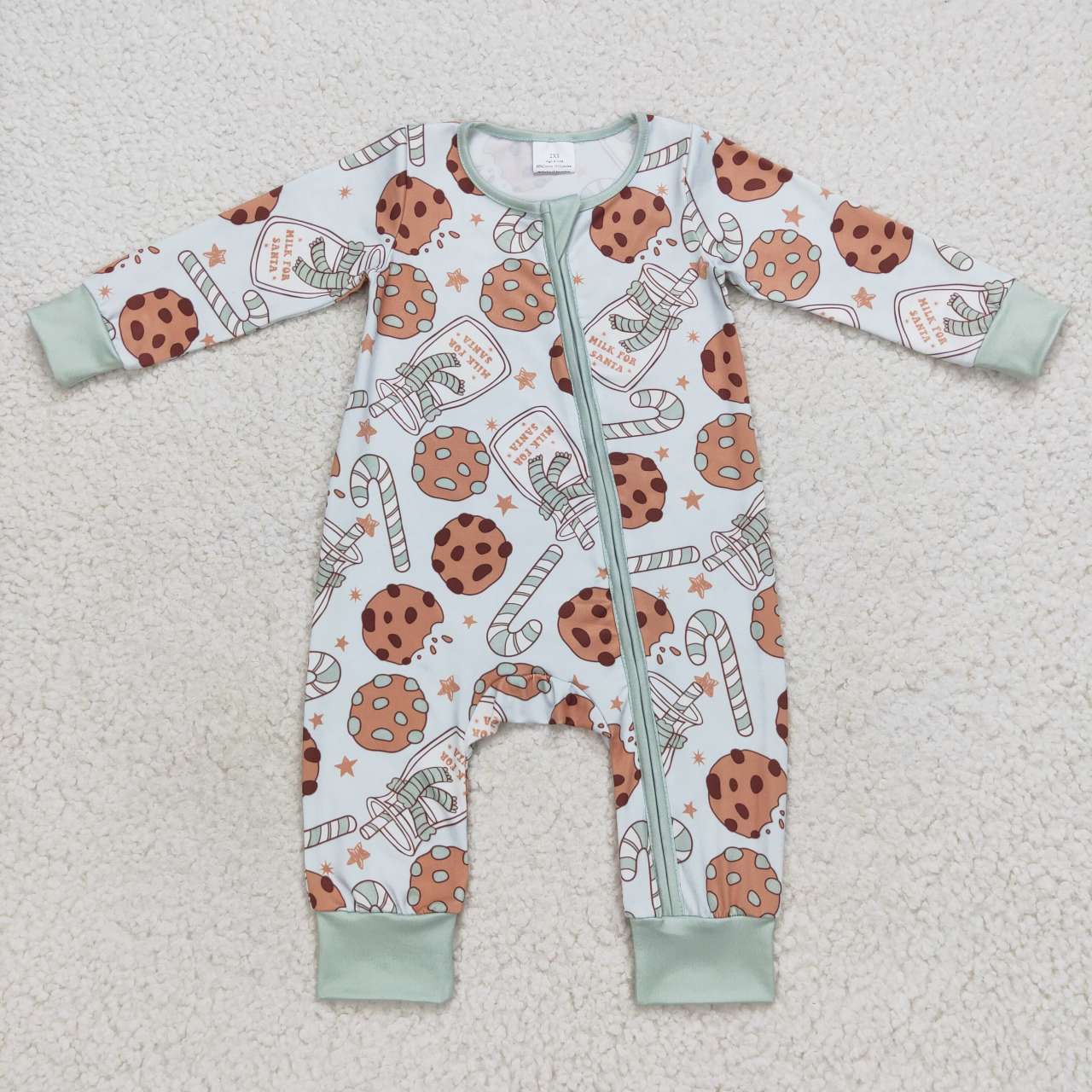 LR0631 Milk Cookie Bottle Cane Green Zip Long Sleeve Jumpsuit