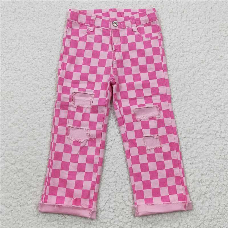 Match Girls Boys Checkered Denim Adjustble Waistband Jeand Pants D 3.31