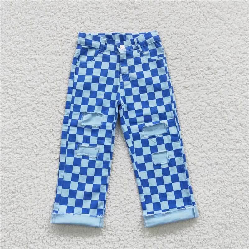 Match Girls Boys Checkered Denim Adjustble Waistband Jeand Pants D 3.31
