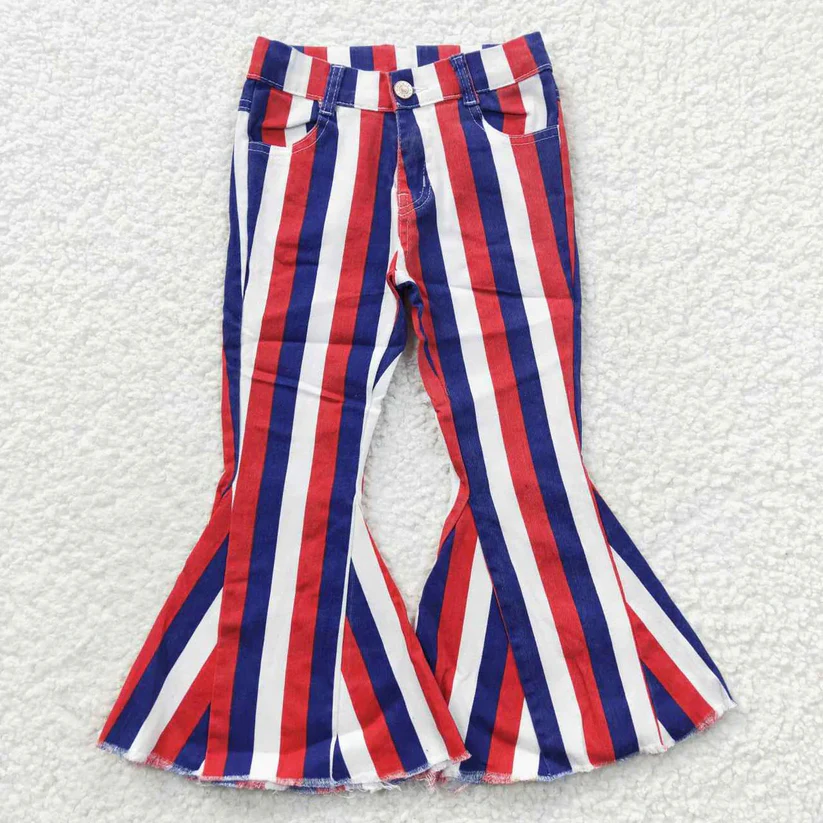 Sibling Baby Girls Colorful Stripes Bell Bottom Denim Jeans Pants D 927