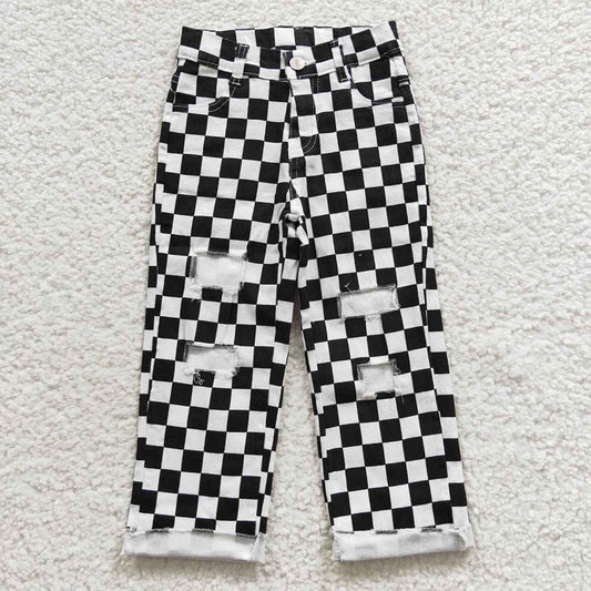 P0122 Black and white plaid ripped denim trousers