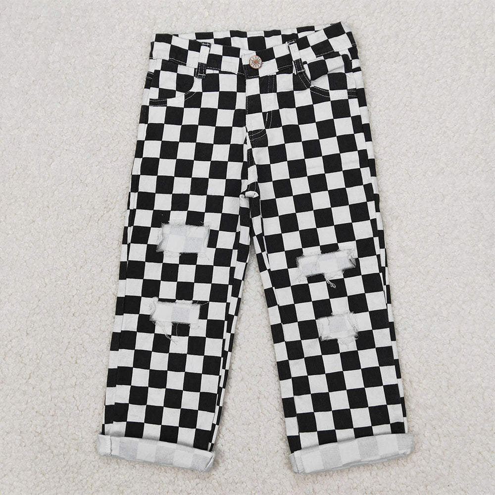 Match Girls Boys Checkered Denim Adjustble Waistband Jeand Pants D 3.31