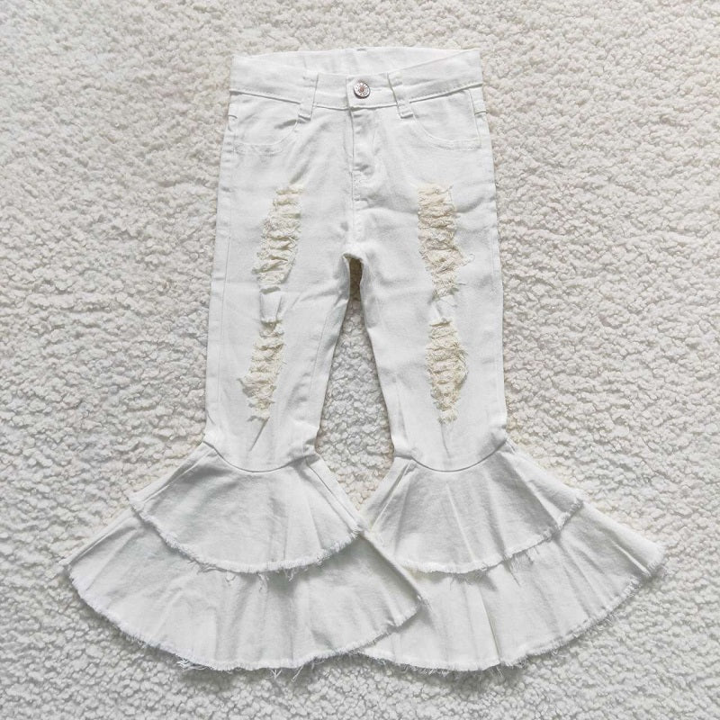 P0129 White double layer lace denim trousers