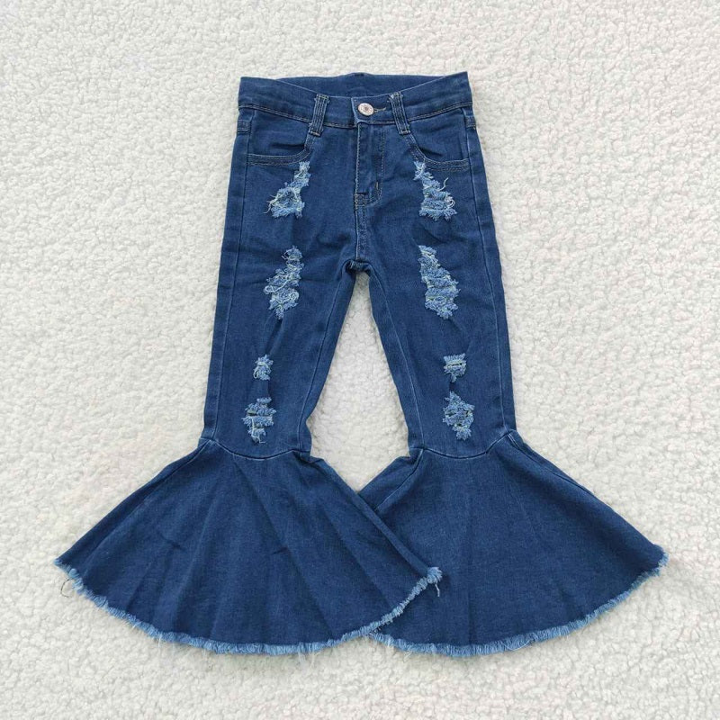 P0133 Blue Distressed Denim Flared Trousers