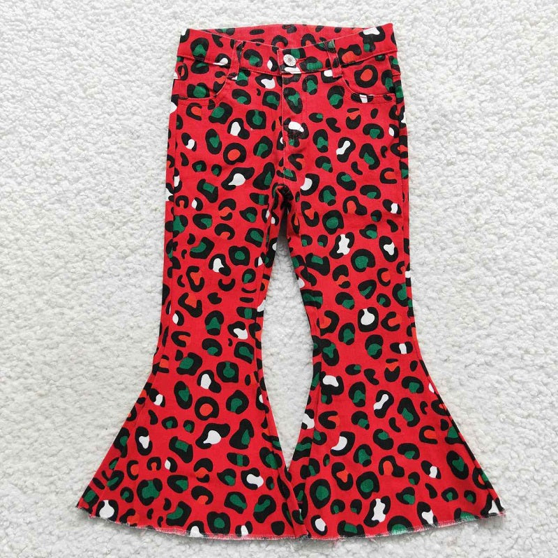 P0229 Red and Green Leopard Denim Trousers