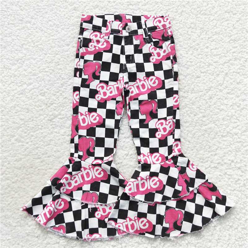 P0243 Cartoon pink black and white plaid denim trousers