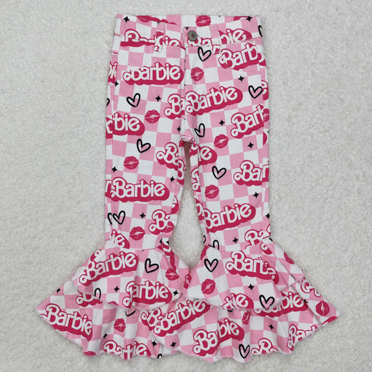 P0294 Pink  letter love pink and white plaid denim trousers