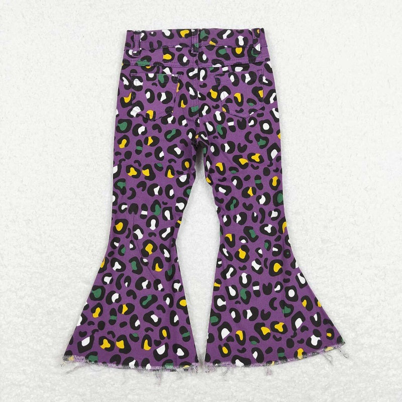 P0313 Yellow green leopard print purple denim trousers