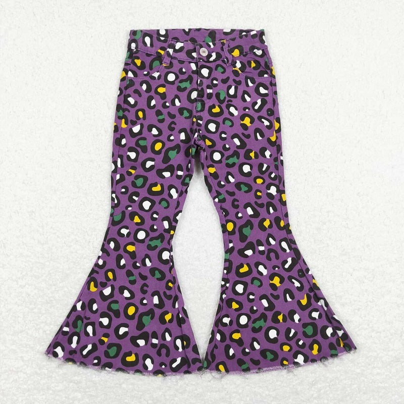 P0313 Yellow green leopard print purple denim trousers