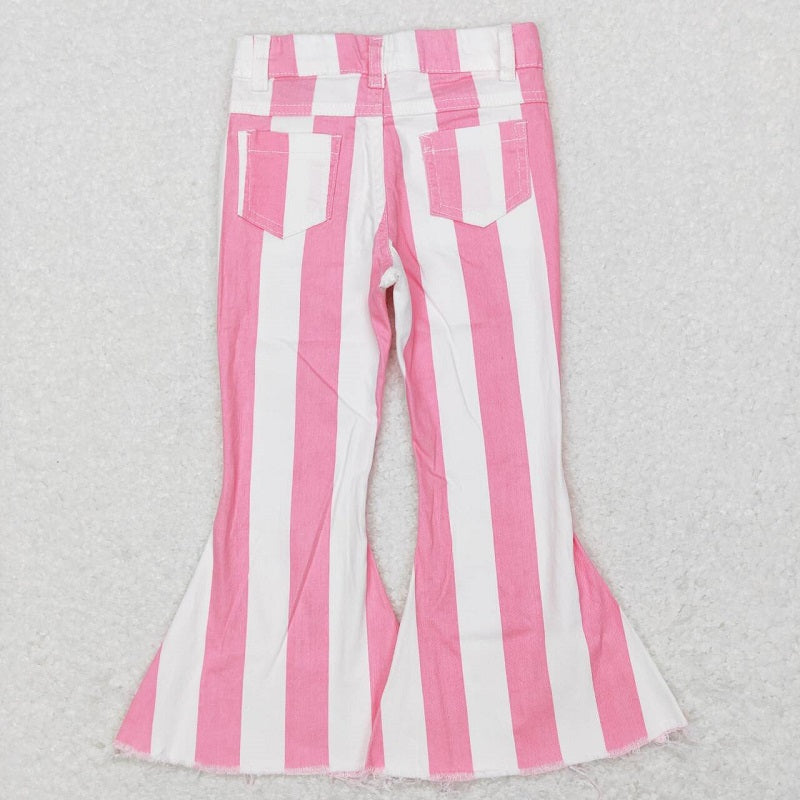 P0315 Kids Girls Pink White Striped Denim Pants