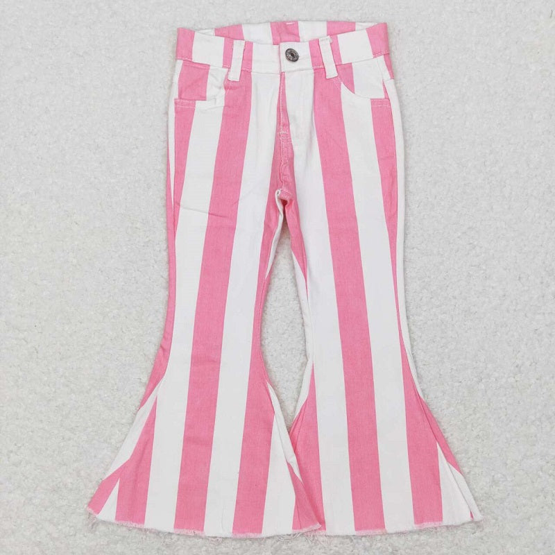 P0315 Kids Girls Pink White Striped Denim Pants