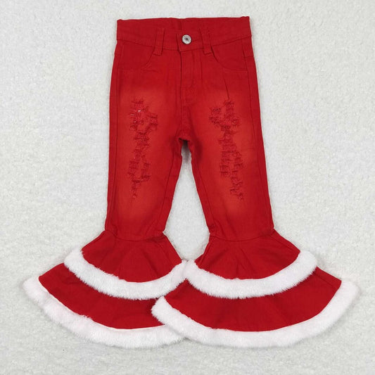 P0334 Baby Girls Red Distressed Fur Bell Denim Pants
