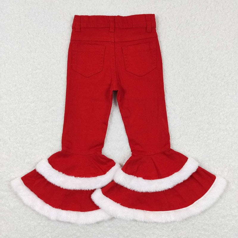 P0334 Baby Girls Red Distressed Fur Bell Denim Pants